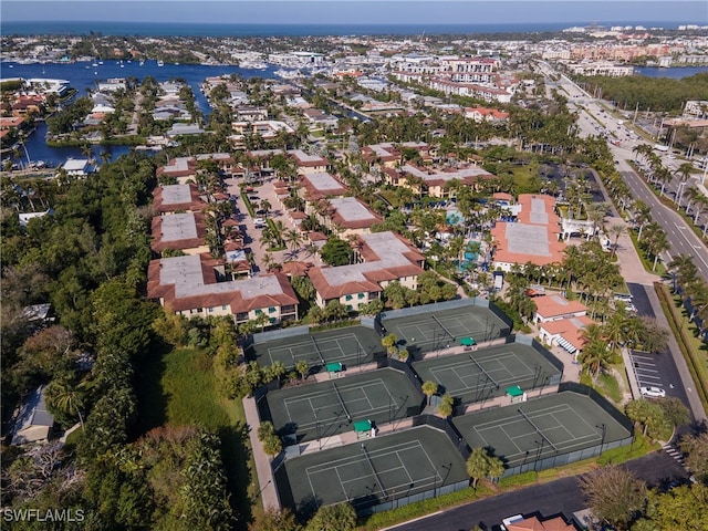 drone / aerial view featuring a water view