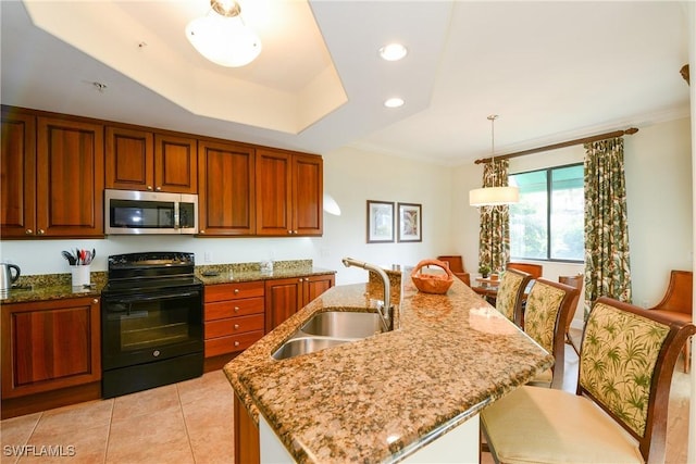 kitchen with an island with sink, a tray ceiling, electric range, light stone counters, and sink