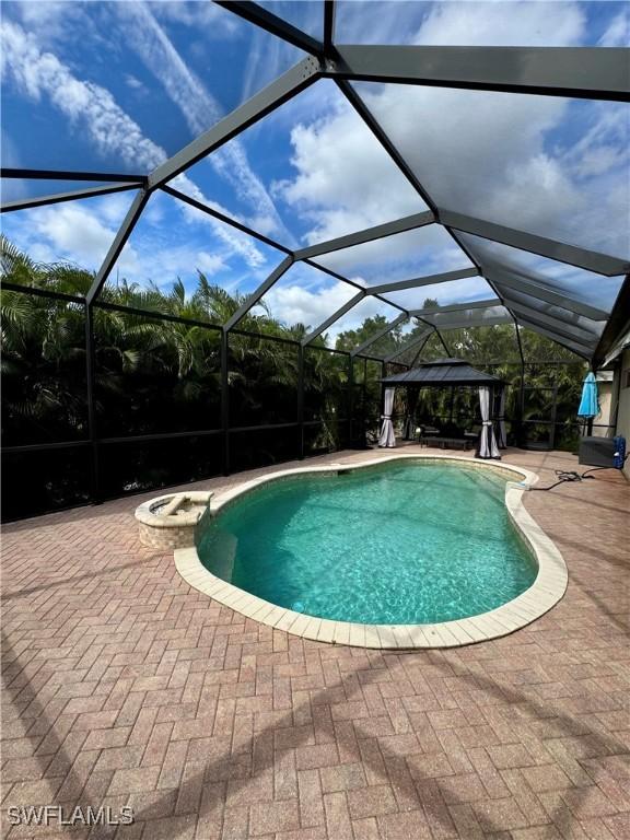 view of swimming pool featuring a lanai and a patio area