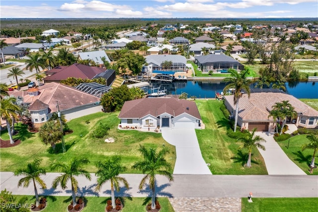 aerial view featuring a water view