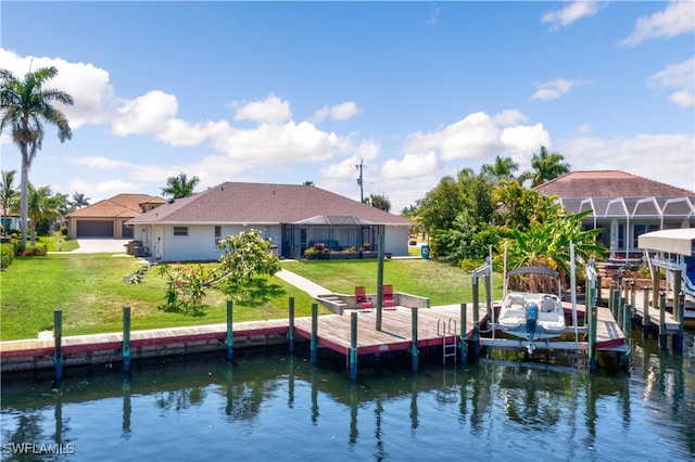 dock area with a water view, a lawn, and a lanai