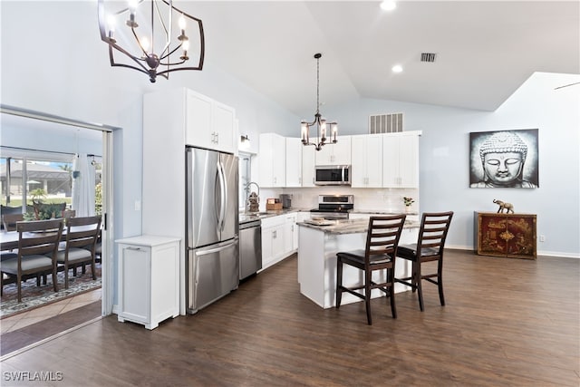 kitchen with stainless steel appliances, decorative light fixtures, a kitchen island, and white cabinets