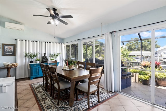 dining space featuring a wall mounted AC, vaulted ceiling, ceiling fan, and light tile patterned floors