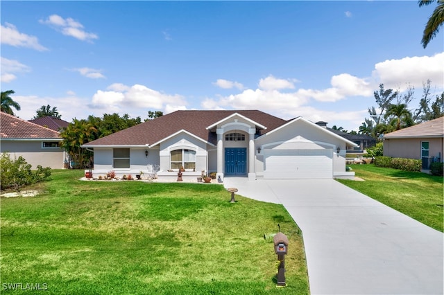 single story home featuring a garage and a front lawn