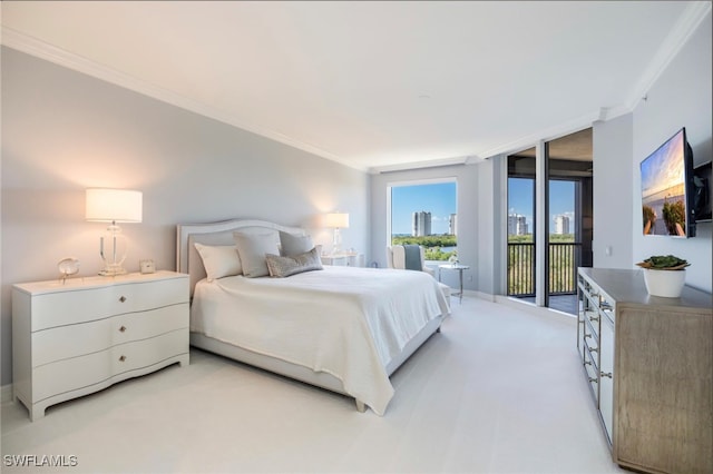 bedroom with crown molding, light carpet, and access to outside