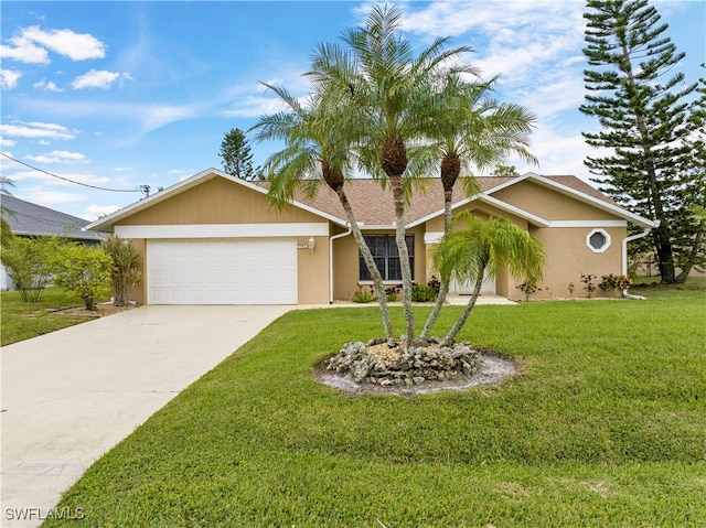 ranch-style house with a garage and a front lawn