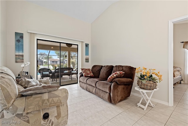 tiled living room with vaulted ceiling