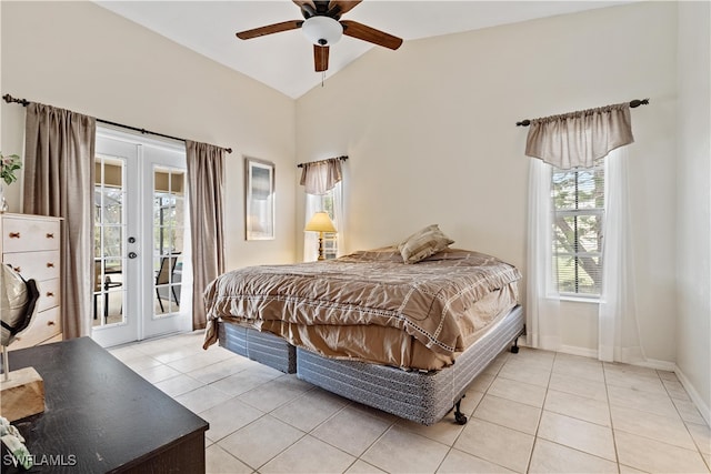 bedroom featuring lofted ceiling, french doors, access to exterior, light tile patterned floors, and ceiling fan