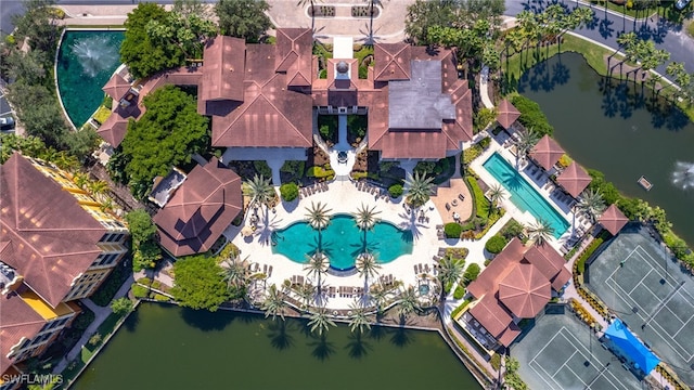 aerial view featuring a water view