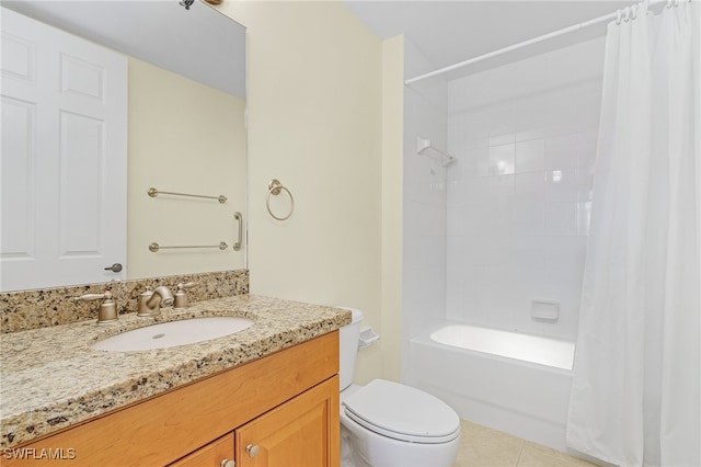 full bathroom with tile patterned flooring, vanity, toilet, and shower / tub combo with curtain