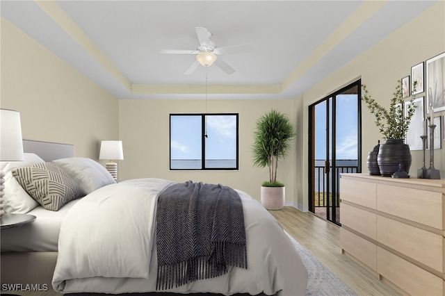 bedroom with light hardwood / wood-style floors, multiple windows, and a tray ceiling