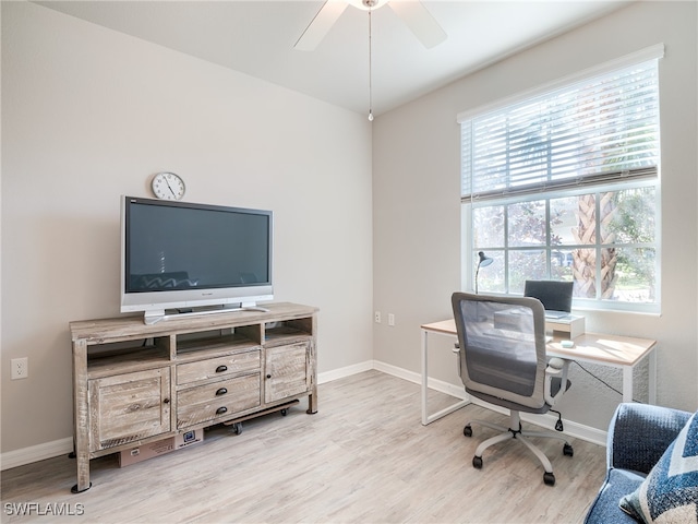 office featuring hardwood / wood-style flooring, ceiling fan, and a healthy amount of sunlight