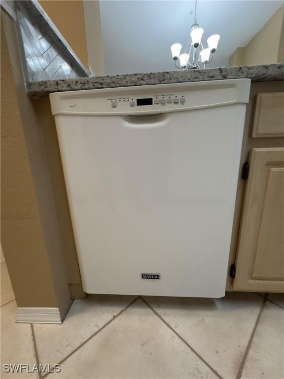 details featuring white dishwasher, an inviting chandelier, and pendant lighting