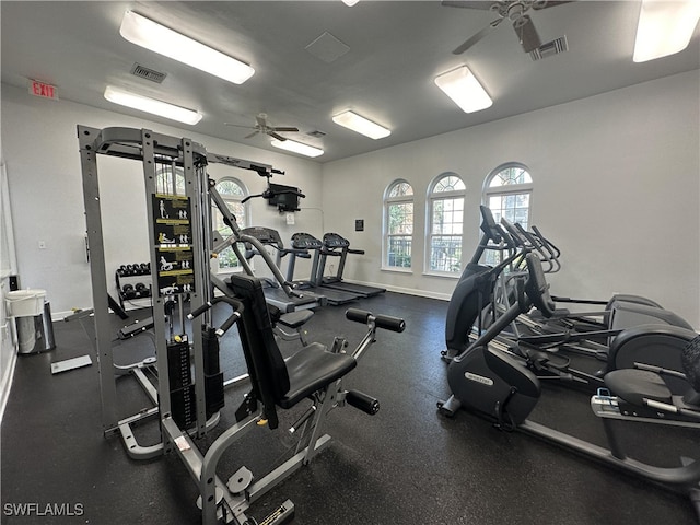 exercise room with ceiling fan