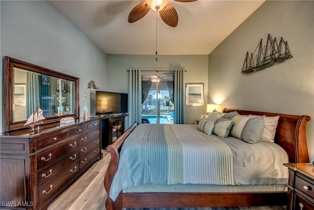 bedroom with access to outside, ceiling fan, and light wood-type flooring