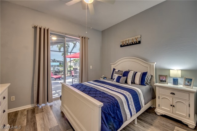 bedroom with access to outside, ceiling fan, and light hardwood / wood-style flooring