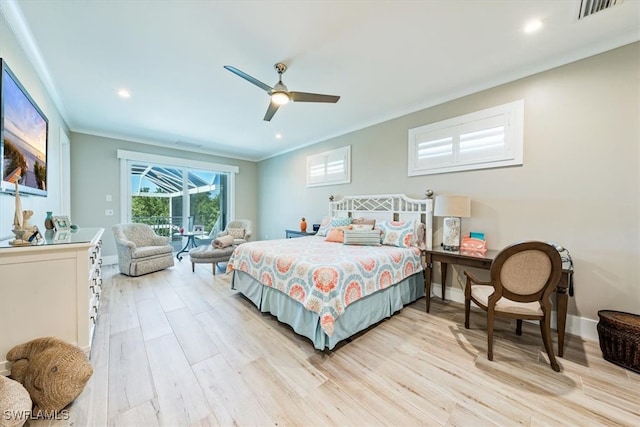 bedroom with ceiling fan, light hardwood / wood-style flooring, and ornamental molding