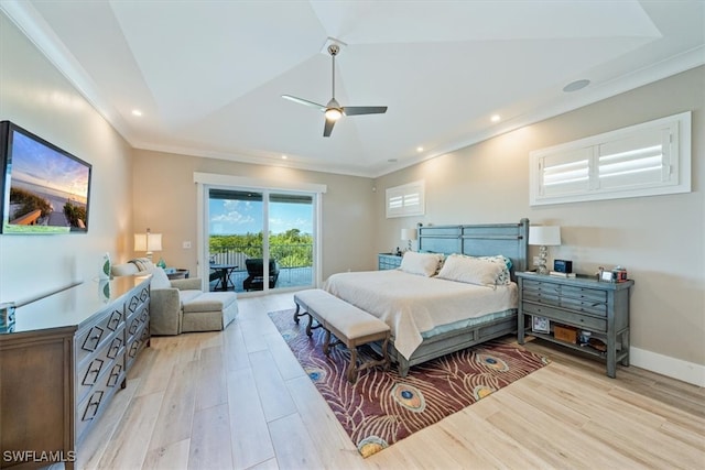 bedroom featuring access to outside, light hardwood / wood-style flooring, ceiling fan, and crown molding