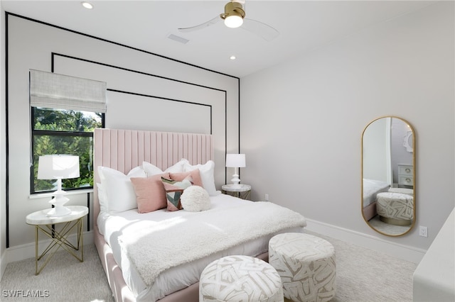 carpeted bedroom featuring ceiling fan