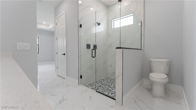 bathroom with toilet and an enclosed shower