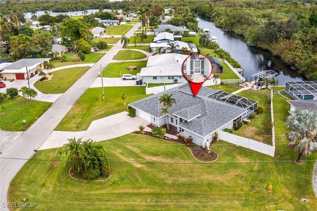 drone / aerial view featuring a water view