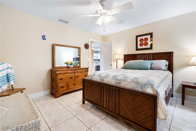 bedroom featuring ceiling fan and light tile patterned floors