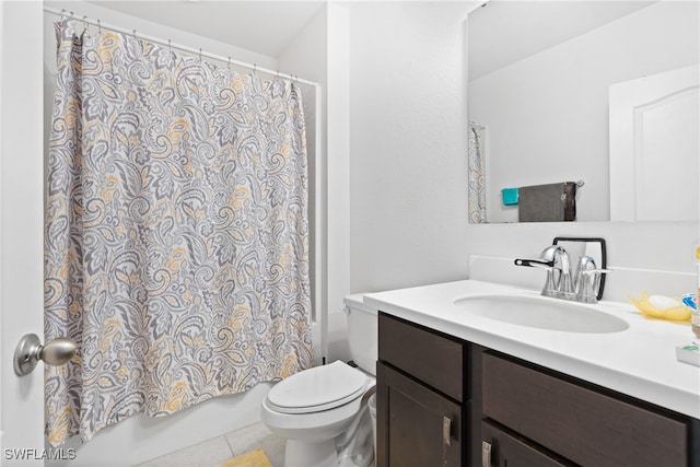 full bathroom featuring vanity, shower / bath combination with curtain, toilet, and tile patterned floors