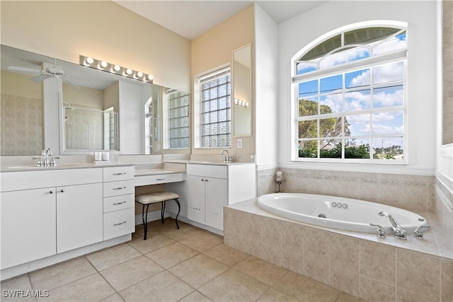 bathroom with vanity, ceiling fan, tile patterned floors, and separate shower and tub