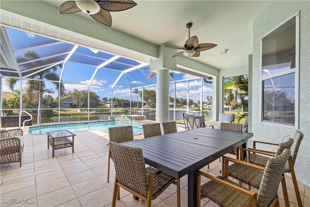 exterior space with a swimming pool and ceiling fan