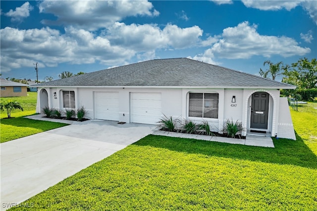 ranch-style home featuring a front lawn and a garage