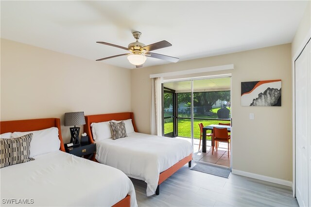 bedroom with hardwood / wood-style flooring, access to exterior, a closet, and ceiling fan