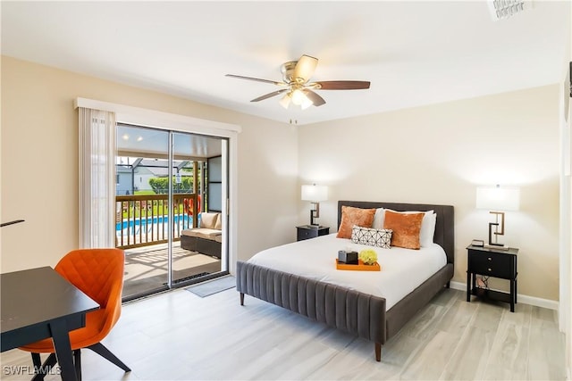 bedroom featuring access to outside, light wood-style flooring, ceiling fan, and baseboards