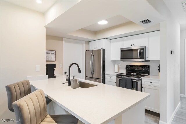 kitchen with white cabinetry, appliances with stainless steel finishes, sink, and kitchen peninsula