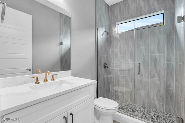 bathroom featuring vanity, a shower with shower door, and toilet