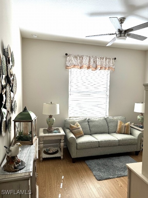 living room featuring hardwood / wood-style floors and ceiling fan