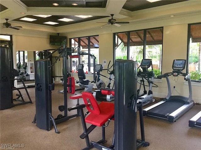 gym with ceiling fan and coffered ceiling