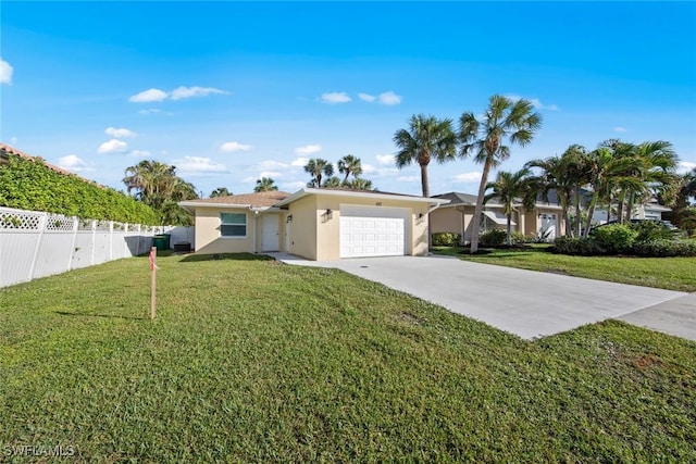 ranch-style house featuring stucco siding, an attached garage, and driveway