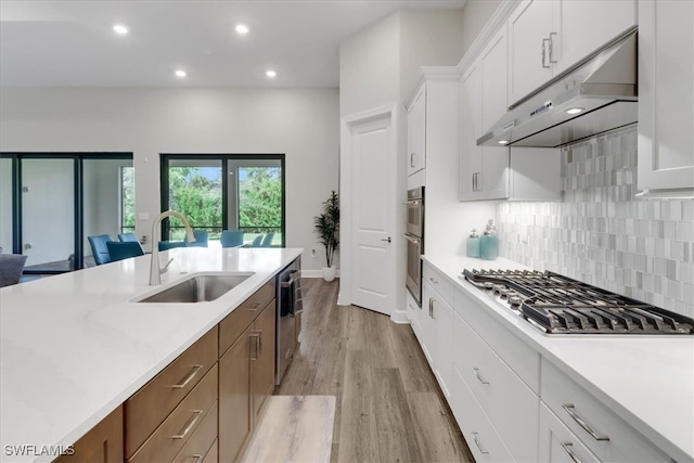 kitchen with sink, light hardwood / wood-style floors, stainless steel appliances, white cabinets, and decorative backsplash