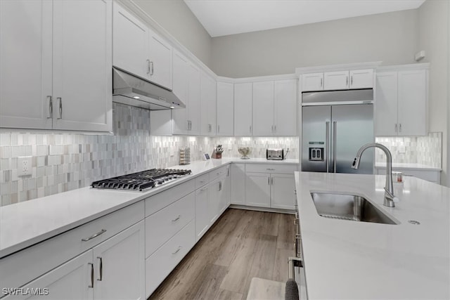 kitchen with appliances with stainless steel finishes, white cabinets, sink, and light hardwood / wood-style floors