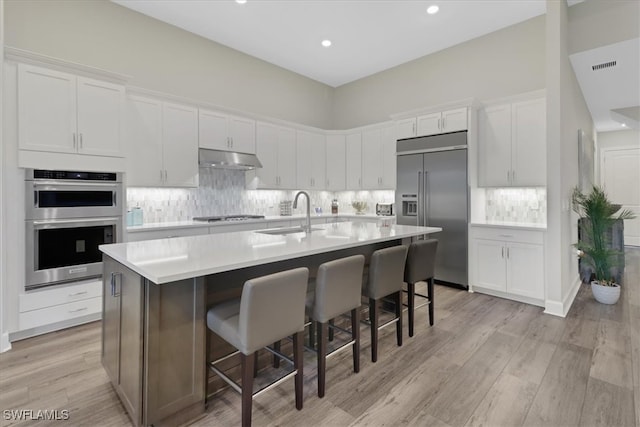 kitchen with under cabinet range hood, stainless steel appliances, a sink, white cabinetry, and tasteful backsplash