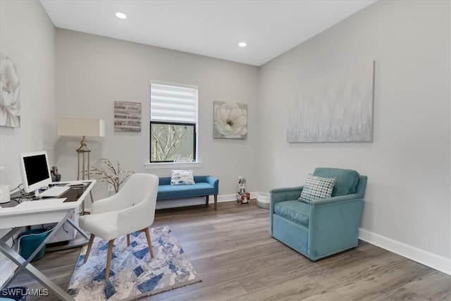 office area featuring baseboards, wood finished floors, and recessed lighting