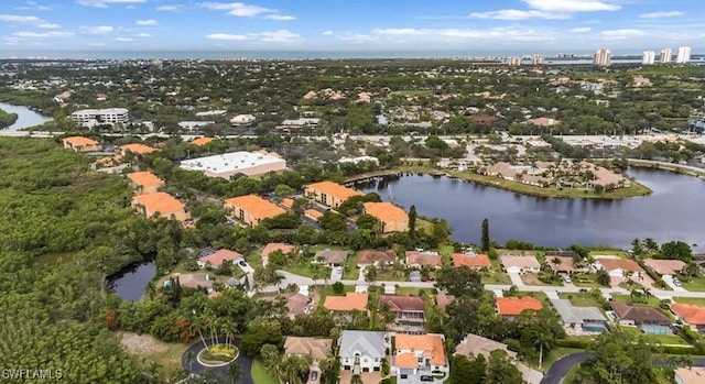 drone / aerial view featuring a water view