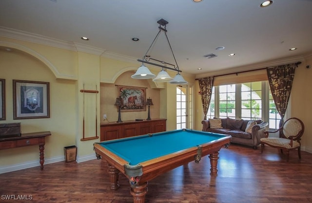 game room with dark wood-type flooring, pool table, and crown molding