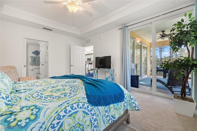 bedroom with access to outside, ceiling fan, ornamental molding, connected bathroom, and light colored carpet