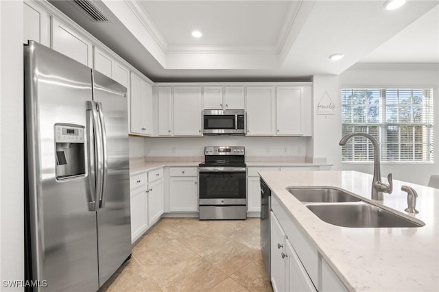 kitchen with light stone countertops, appliances with stainless steel finishes, a raised ceiling, sink, and white cabinetry