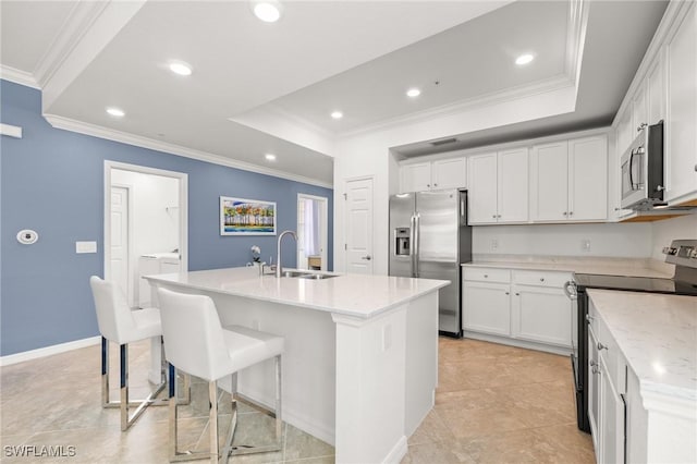 kitchen with a tray ceiling, white cabinetry, a center island with sink, and stainless steel appliances