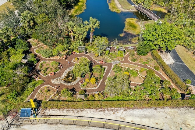 aerial view featuring a water view