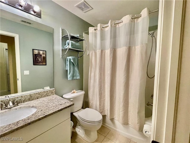 full bathroom with tile patterned flooring, vanity, toilet, and shower / tub combo with curtain