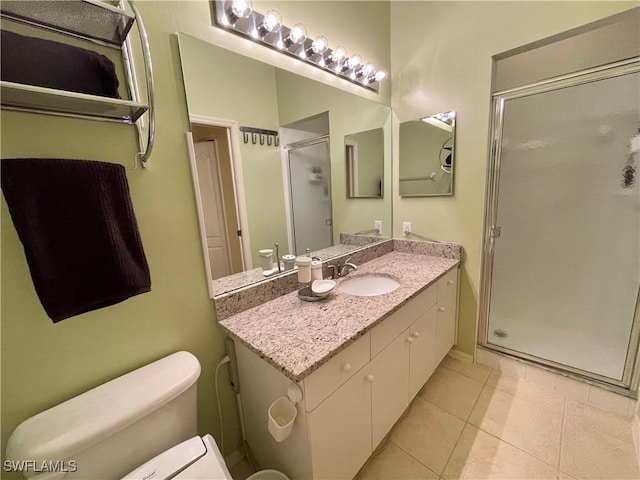 bathroom with tile patterned flooring, vanity, an enclosed shower, and toilet