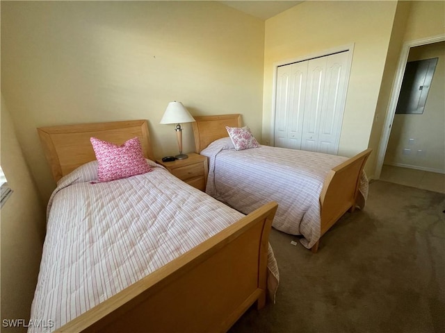 bedroom with carpet flooring and a closet